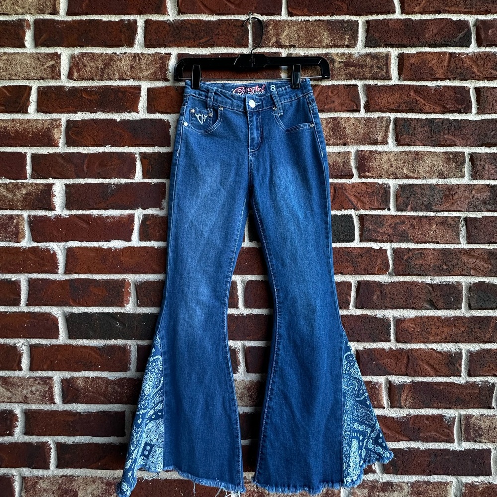 Cowgirls Dark Blue Flare Jeans with Bandana Panel (For Little Girls)